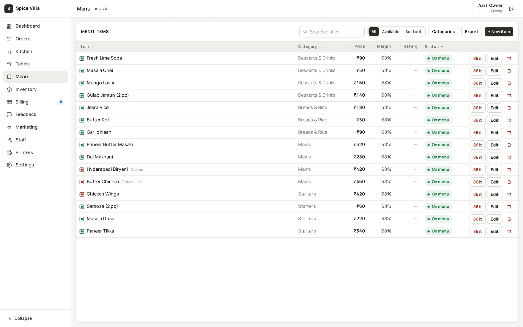 The menu page in the admin console
