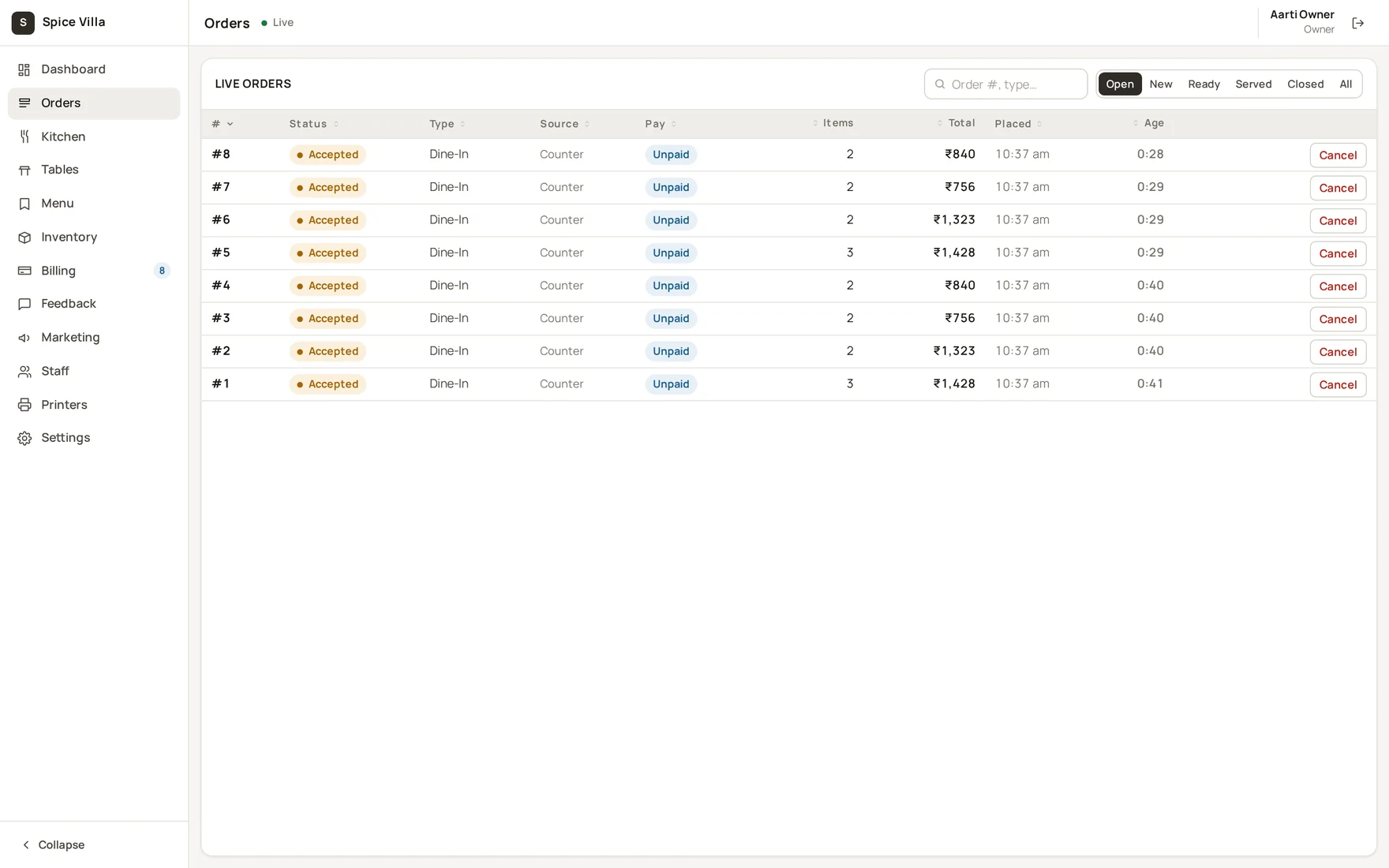 Admin console live orders table with status badges, totals and ticket ages