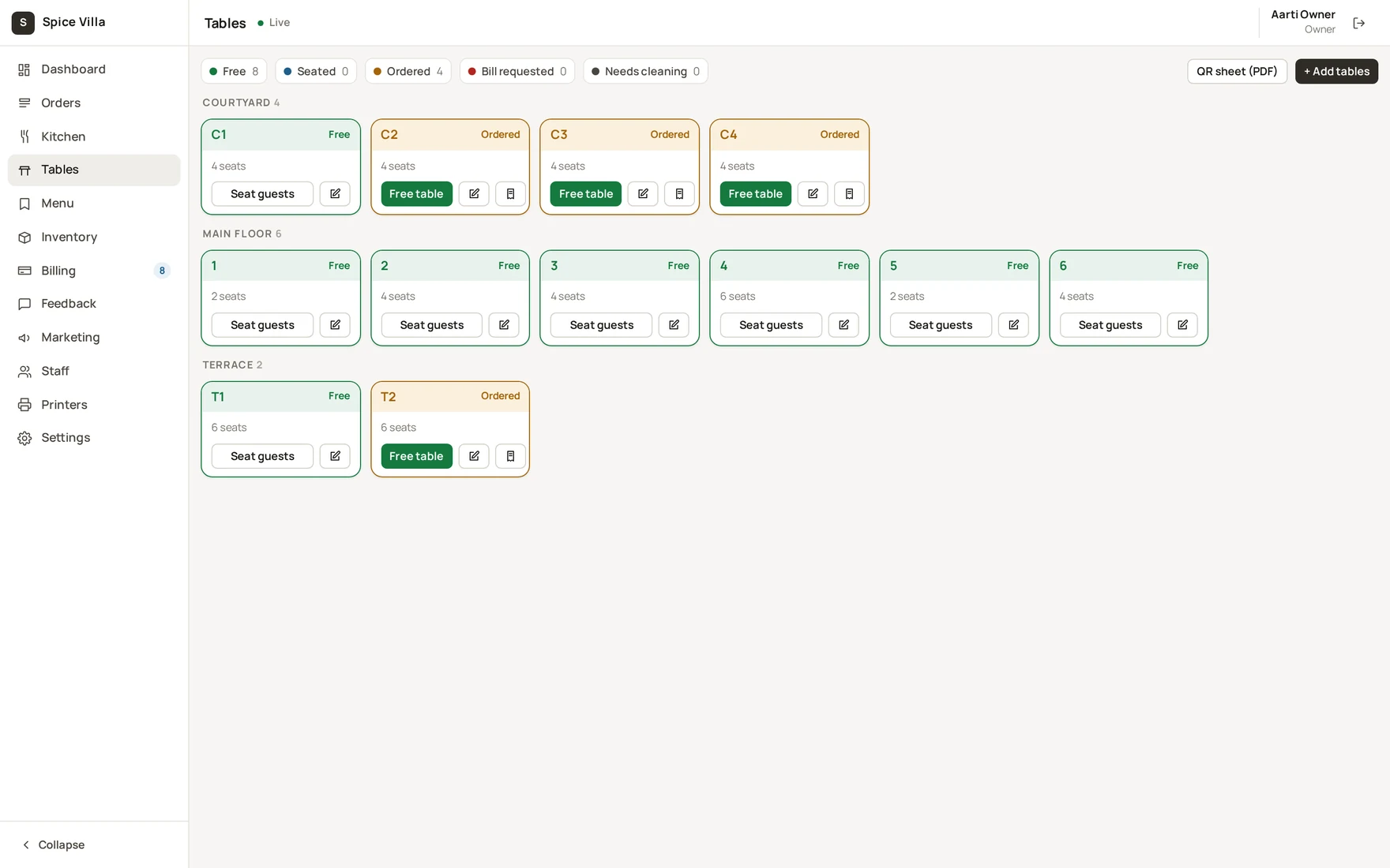 The tables board grouped by area with live statuses