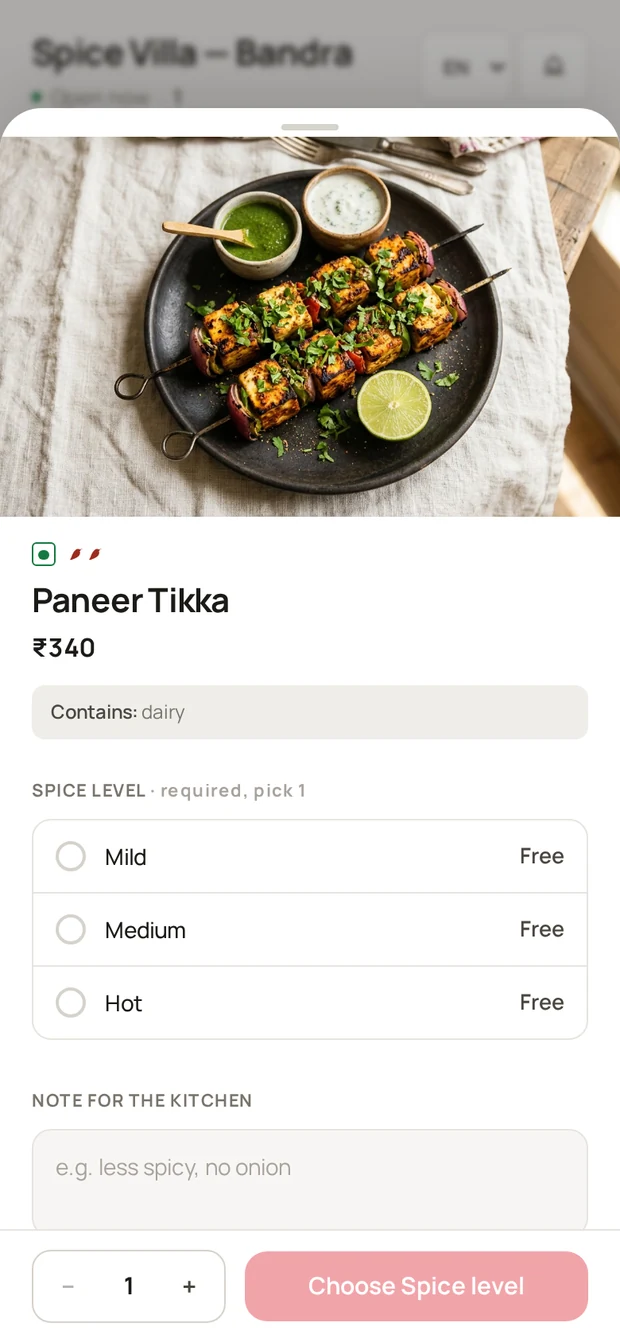 A dish detail sheet in the diner app with photography, add-ons and a kitchen note field