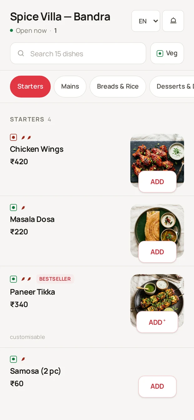 The diner app showing the Spice Villa menu with food photography