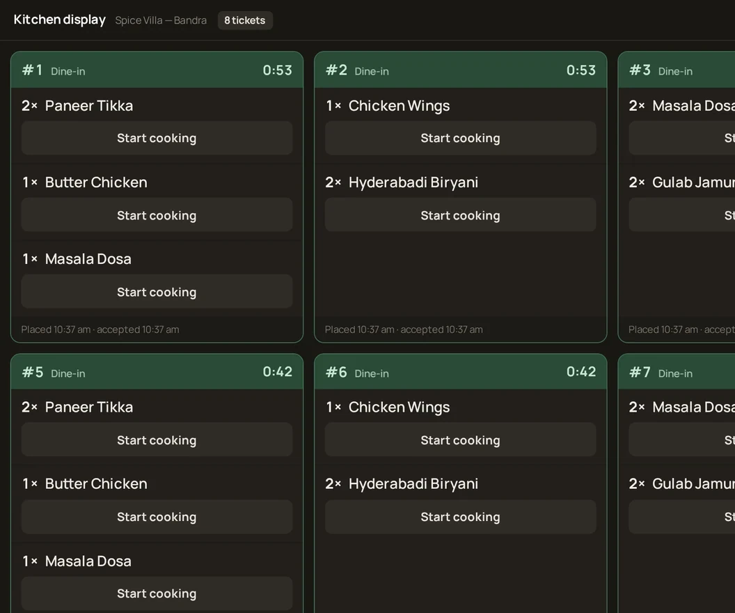 RestoQR kitchen display showing live dine-in tickets with ageing timers